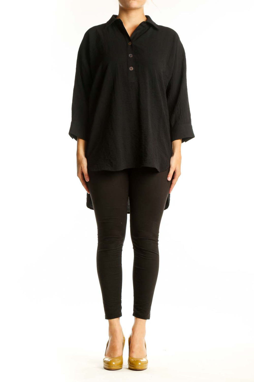 Black collared button-up tunic top with three-quarter sleeves and relaxed fit, front view