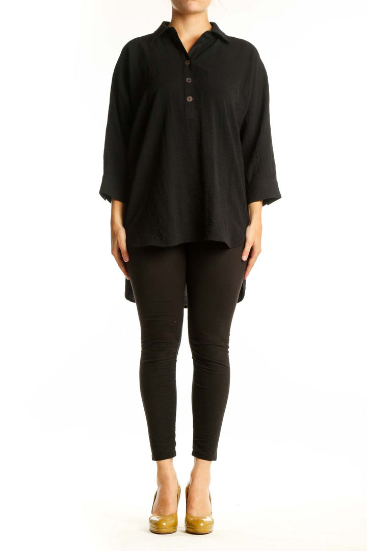 Black collared button-up tunic top with three-quarter sleeves and relaxed fit, front view