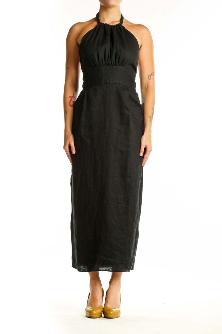 Black halter maxi dress with gathered bust and empire waist, front view