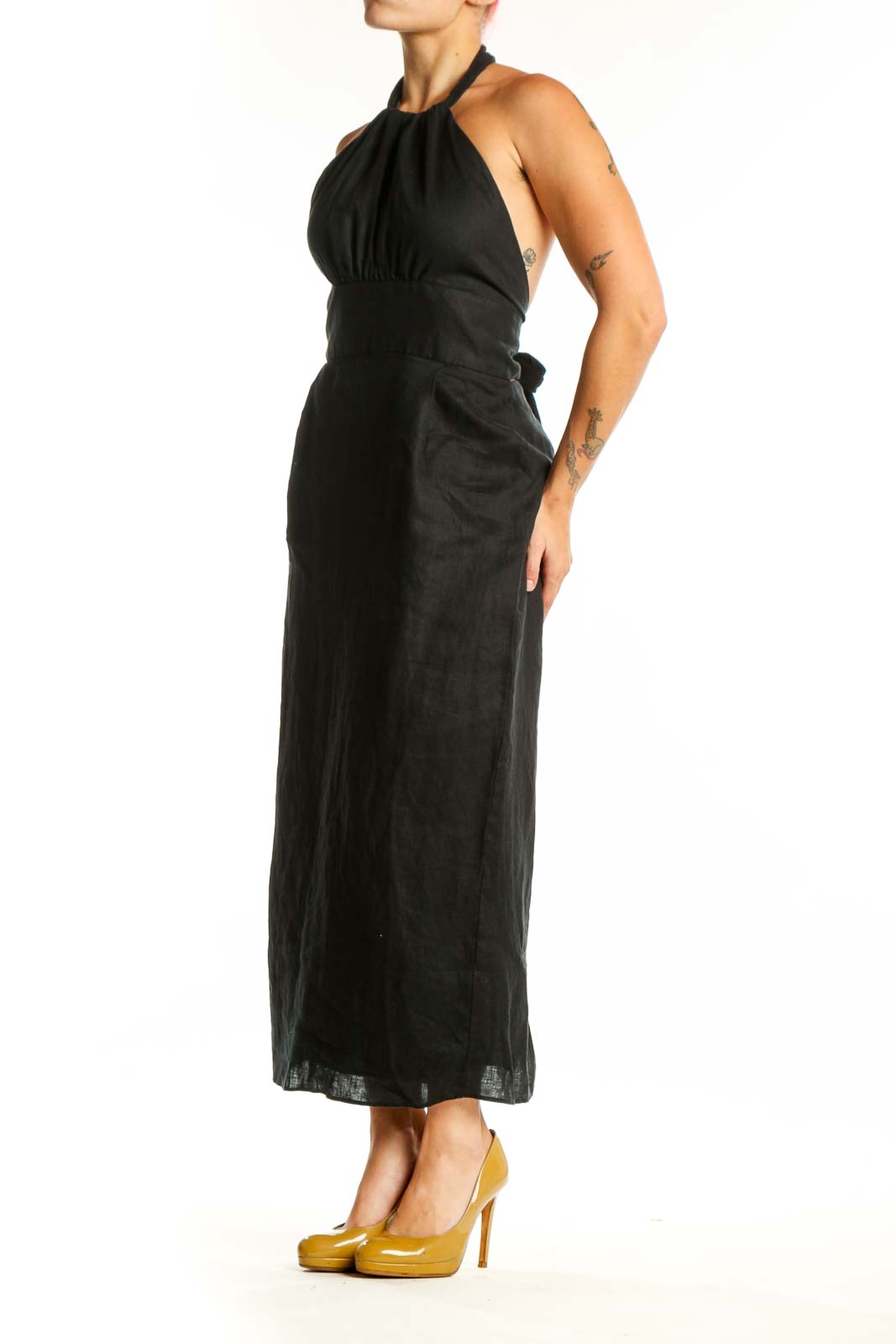 Black halter maxi dress with gathered bust and empire waist, front view