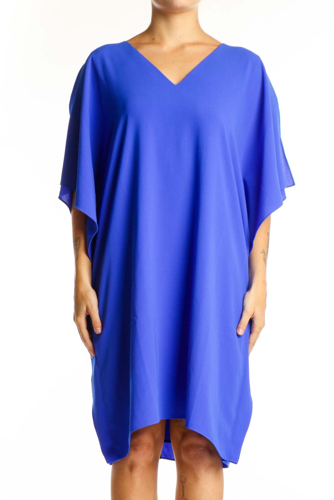 Blue V-neck caftan dress with flutter sleeves and asymmetrical hemline, front view