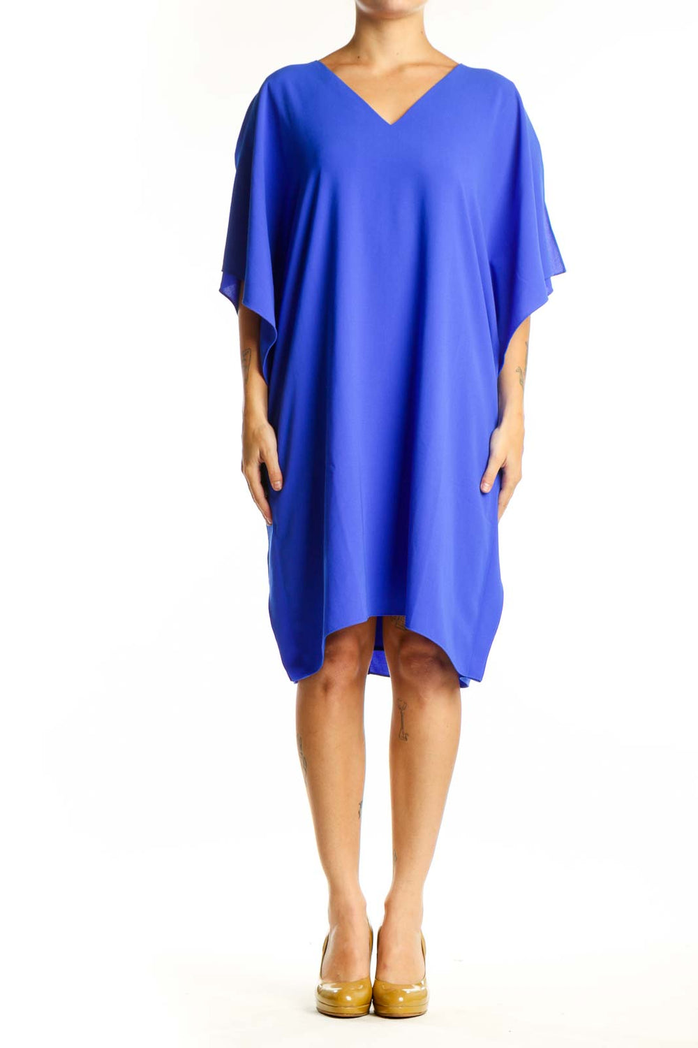 Blue V-neck caftan dress with flutter sleeves and asymmetrical hemline, front view