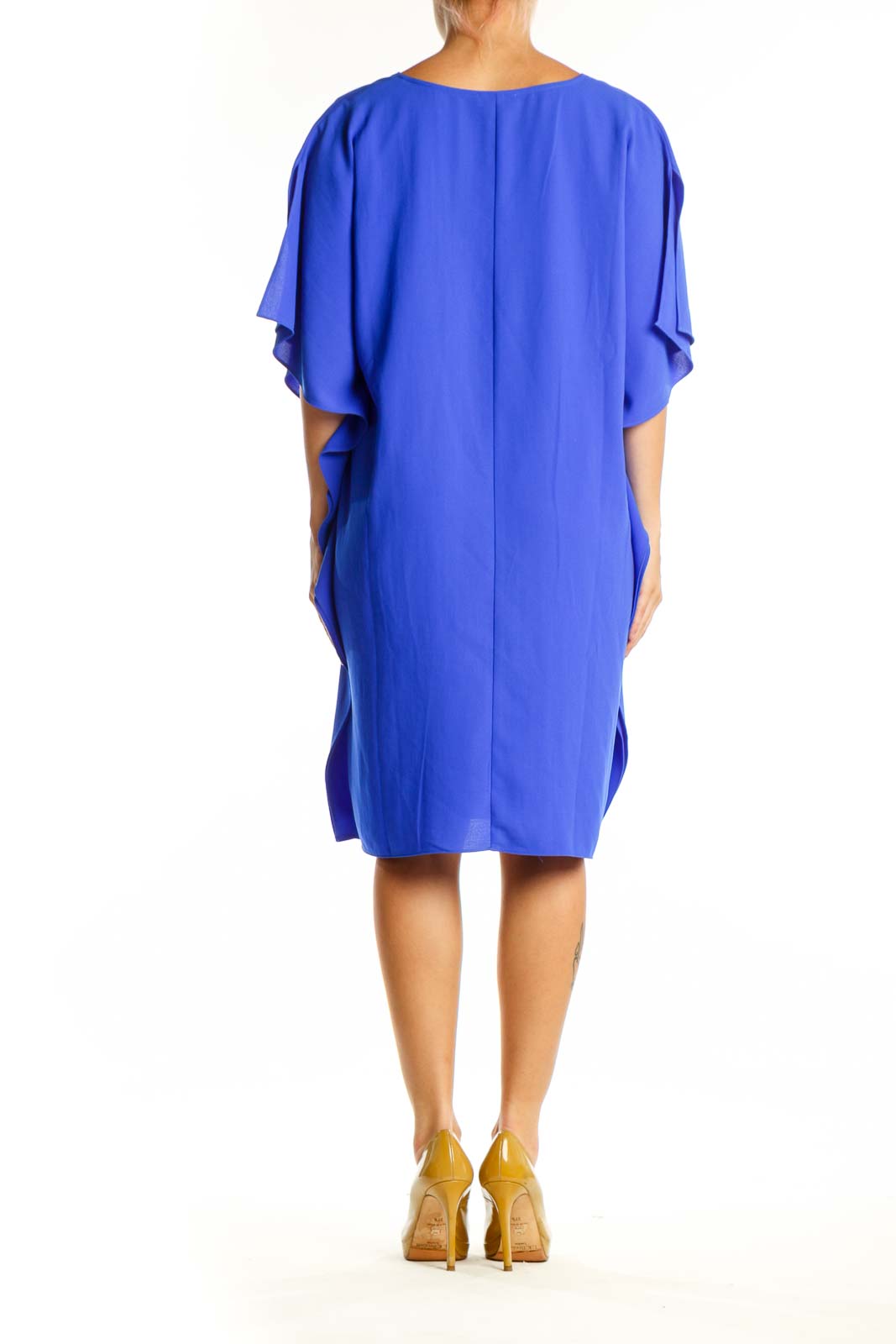Blue V-neck caftan dress with flutter sleeves and asymmetrical hemline, back view