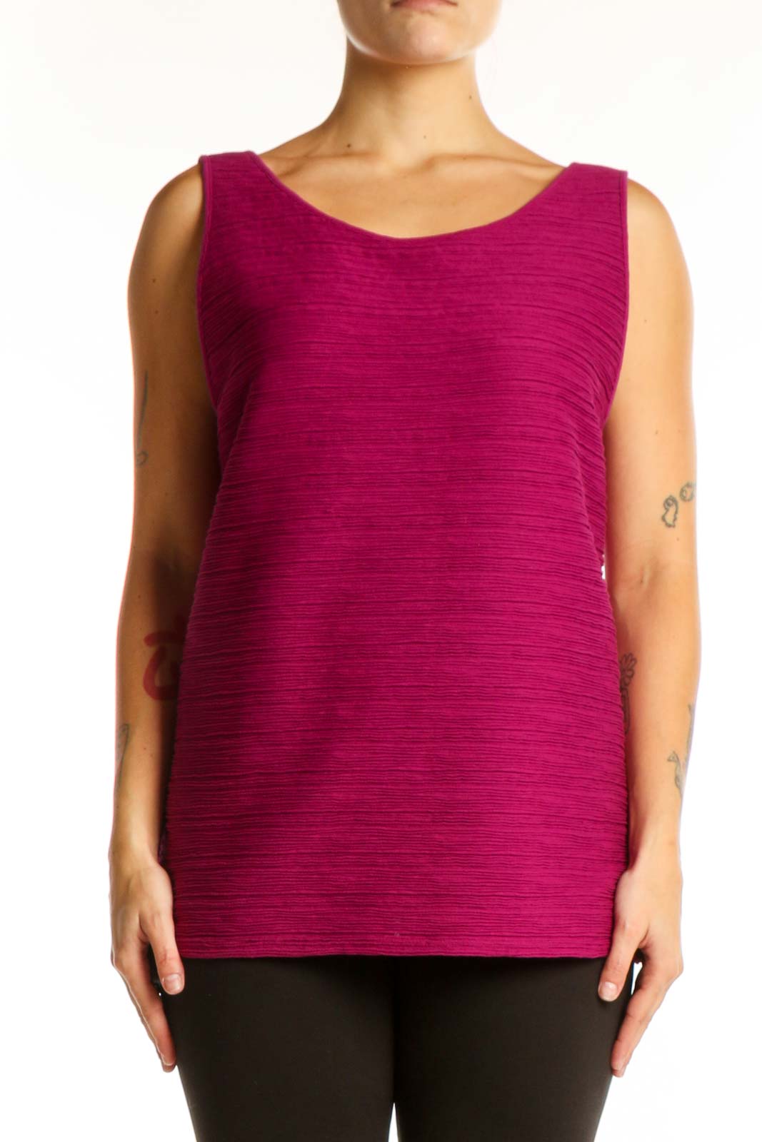 Burgundy textured sleeveless tank top from Ann Taylor, front view on model