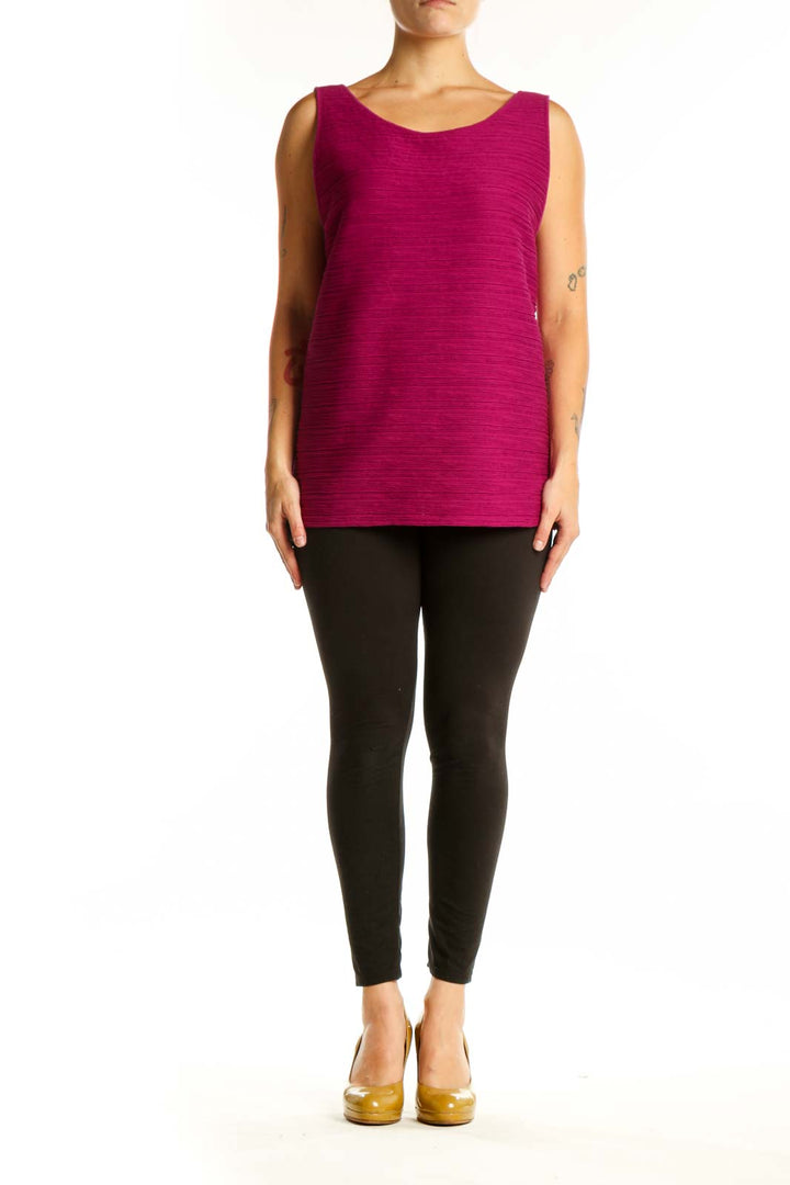 Burgundy textured sleeveless tank top from Ann Taylor, front view on model