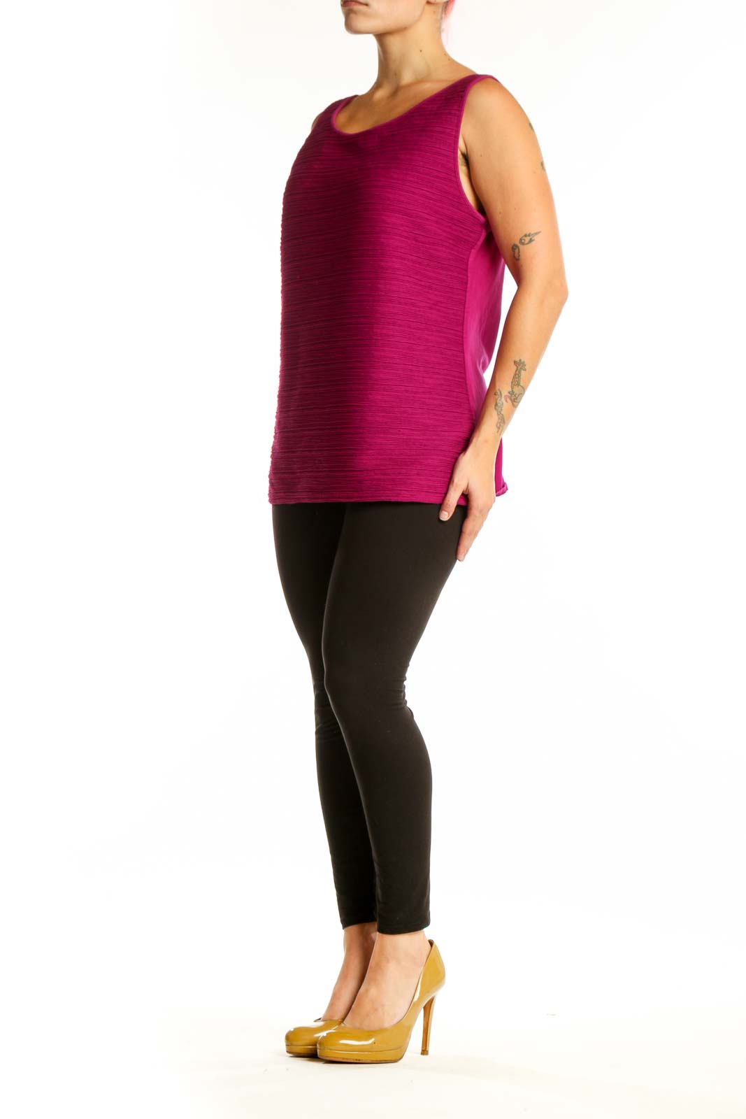 Burgundy textured sleeveless tank top from Ann Taylor, front view on model