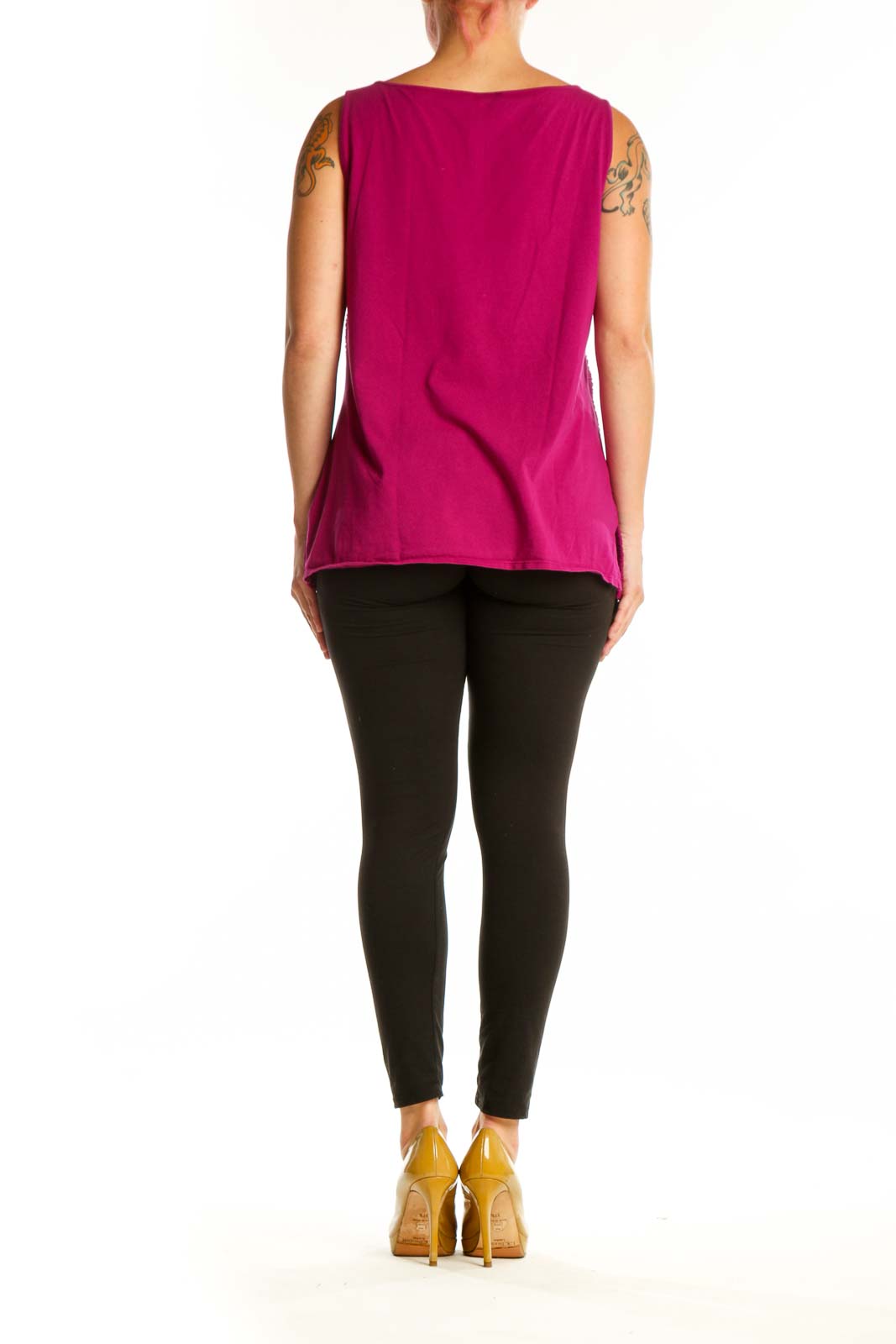 Burgundy textured sleeveless tank top from Ann Taylor, back view on model
