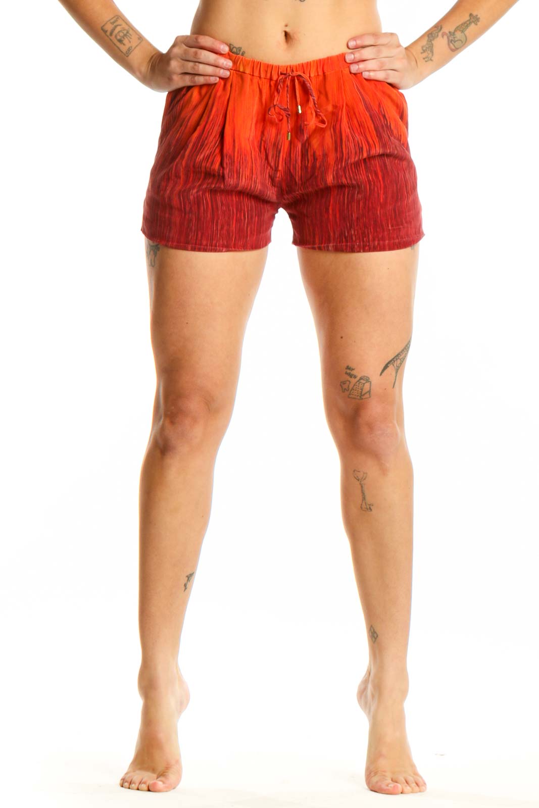 Red ombré silk shorts with drawstring waist, front view on model