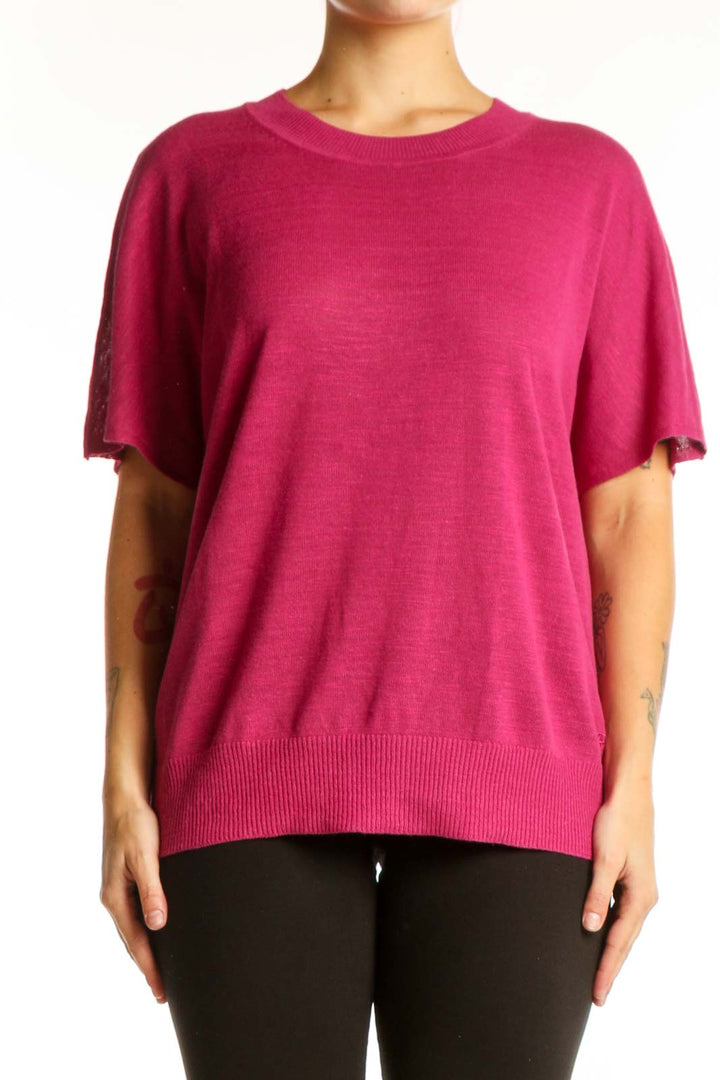 Front view of pink short sleeve linen rayon knit top by Banana Republic, size L, with crew neckline