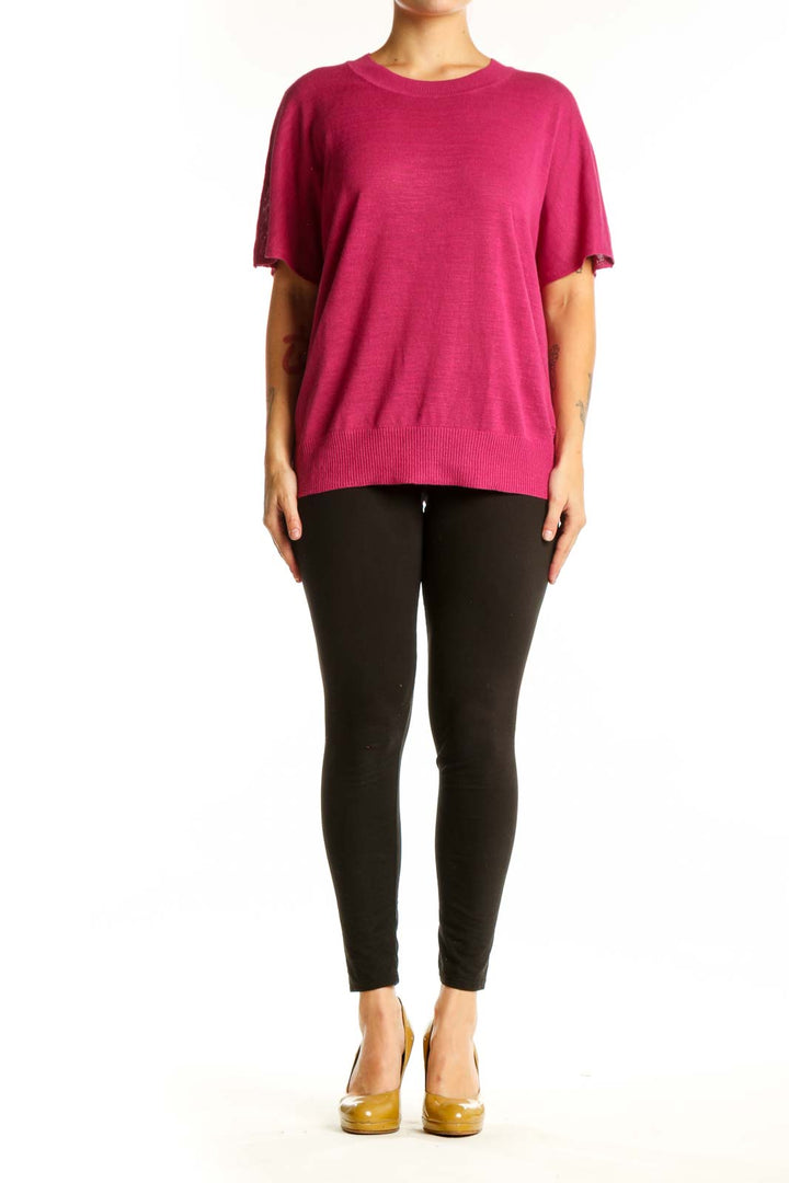 Front view of pink short sleeve linen rayon knit top by Banana Republic, size L, with crew neckline