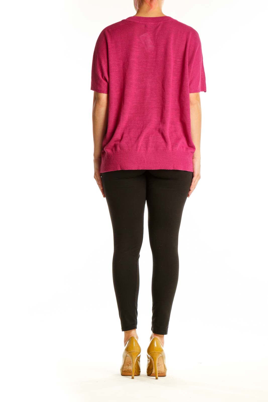 Back view of pink short sleeve linen rayon knit top by Banana Republic, size L, showing relaxed fit