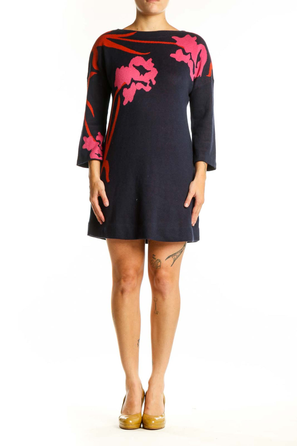 Navy knit dress with vibrant pink and red floral botanical design, three-quarter sleeves, front view