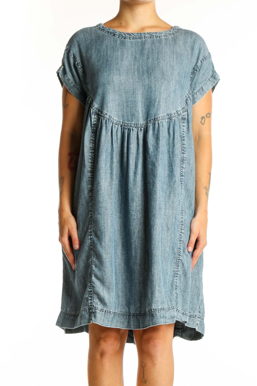 Blue Tencel short sleeve dress with gathered waist and A-line silhouette, front view