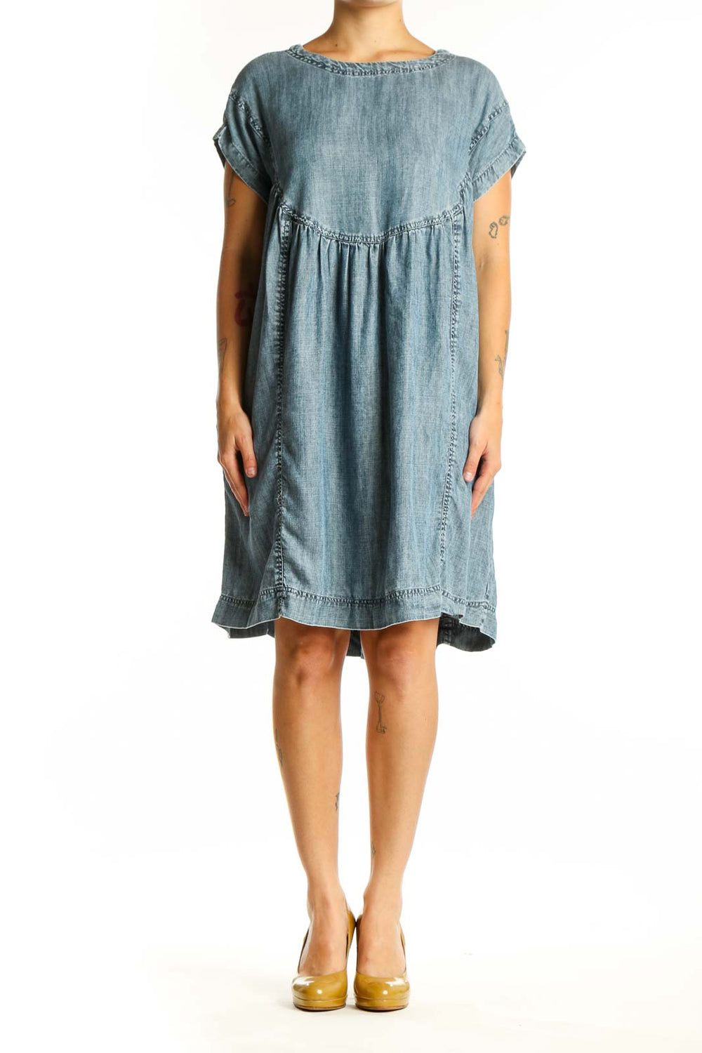 Blue Tencel short sleeve dress with gathered waist and A-line silhouette, front view