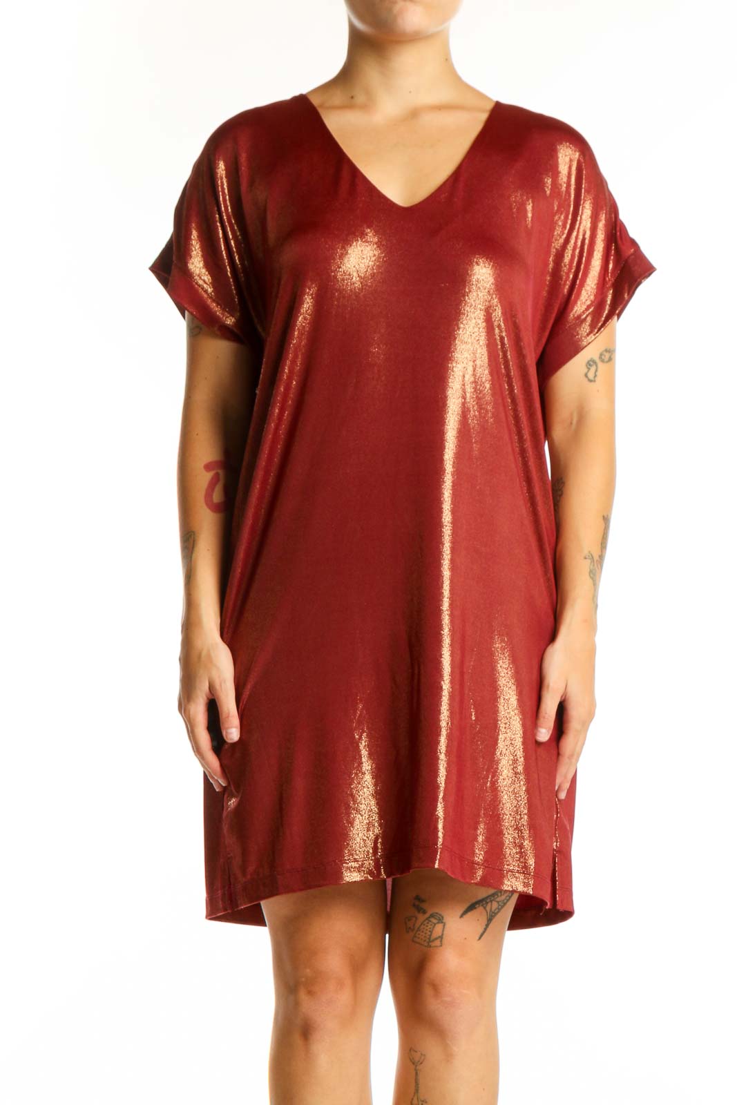 Burgundy metallic shift dress with V-neckline and short sleeves, front view