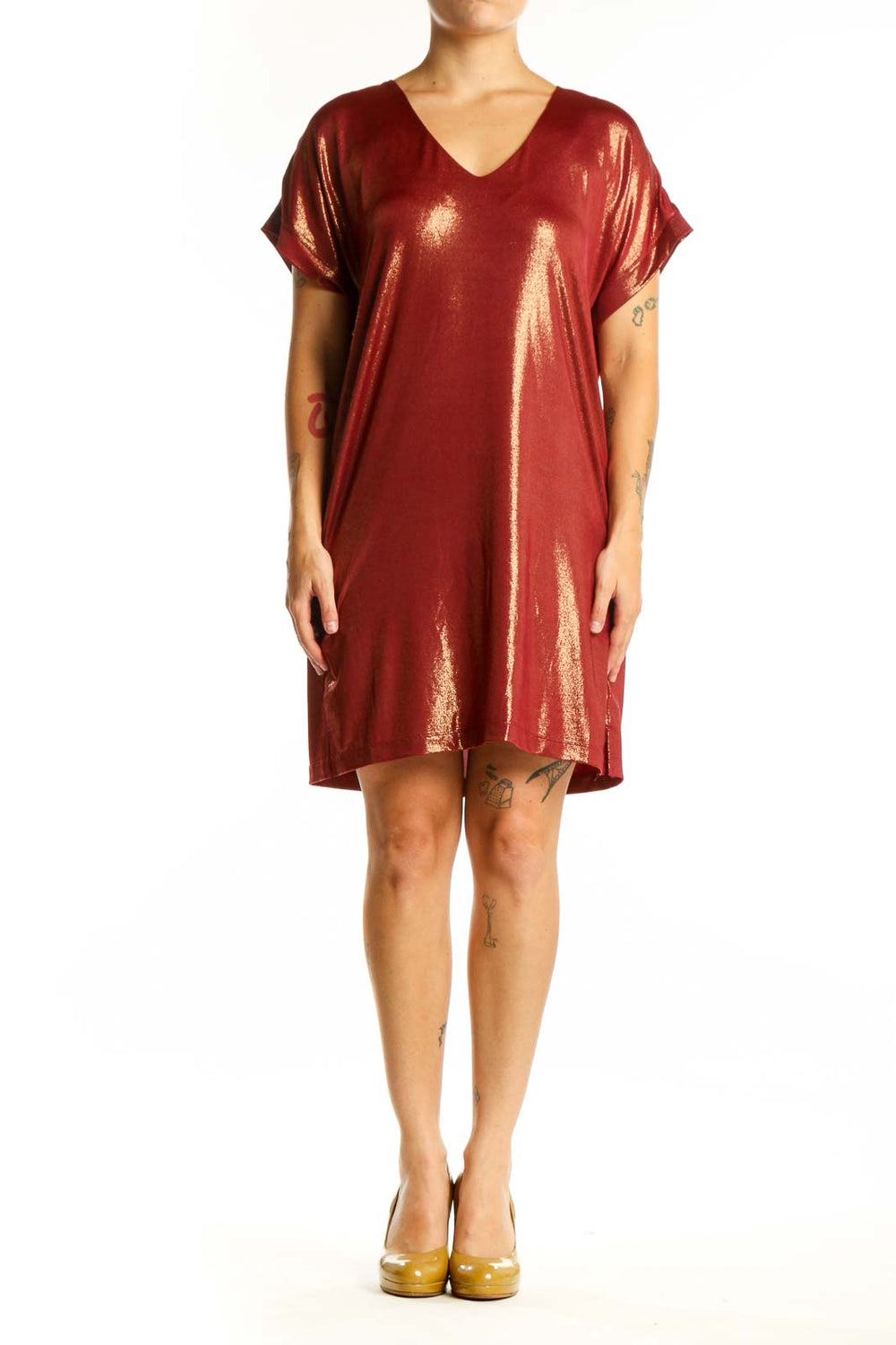 Burgundy metallic shift dress with V-neckline and short sleeves, front view