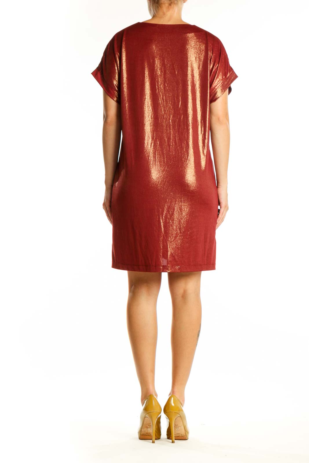 Burgundy metallic shift dress back view showing relaxed fit and knee-length hem