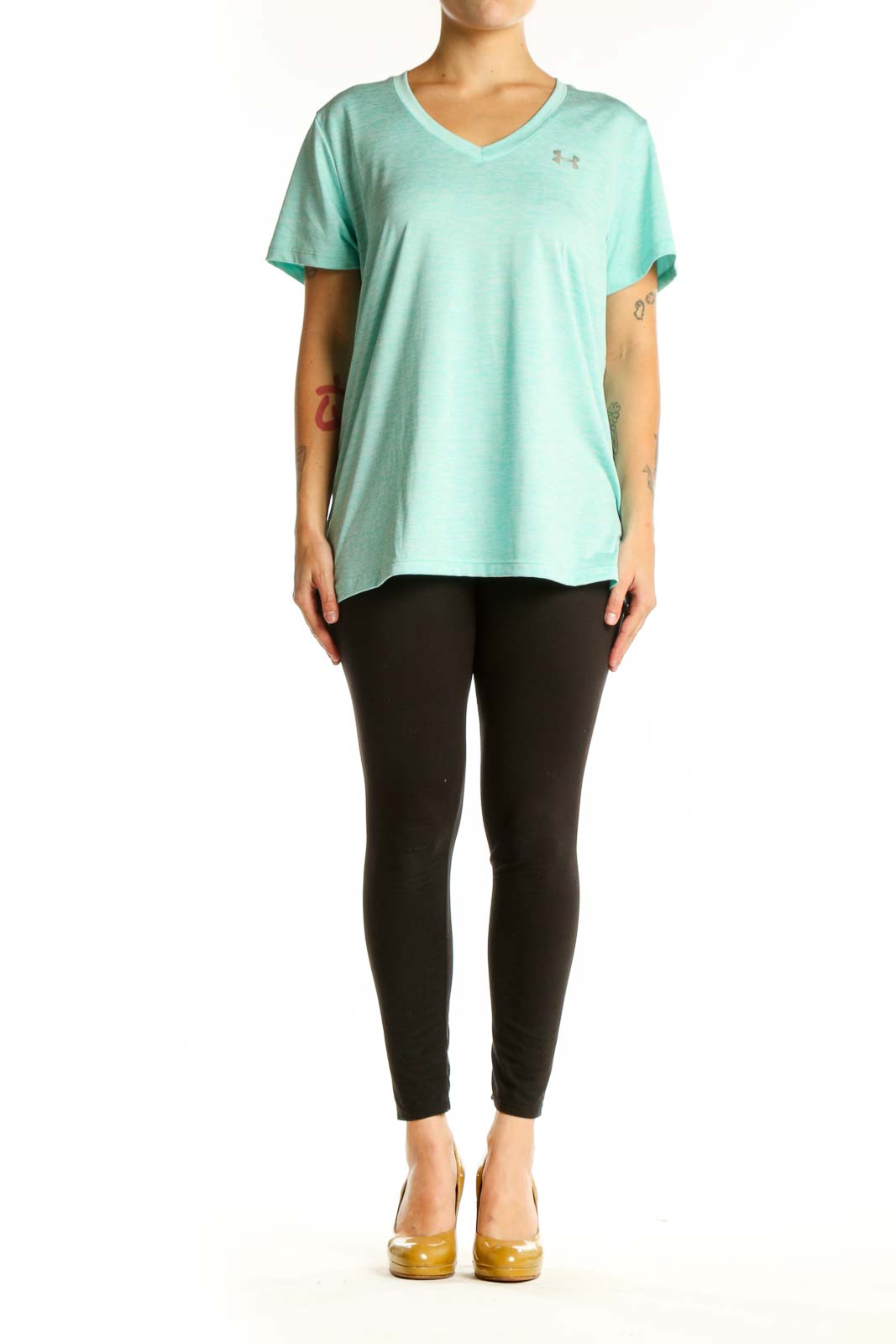 Mint green Under Armour V-neck athletic tee with short sleeves, front view on model