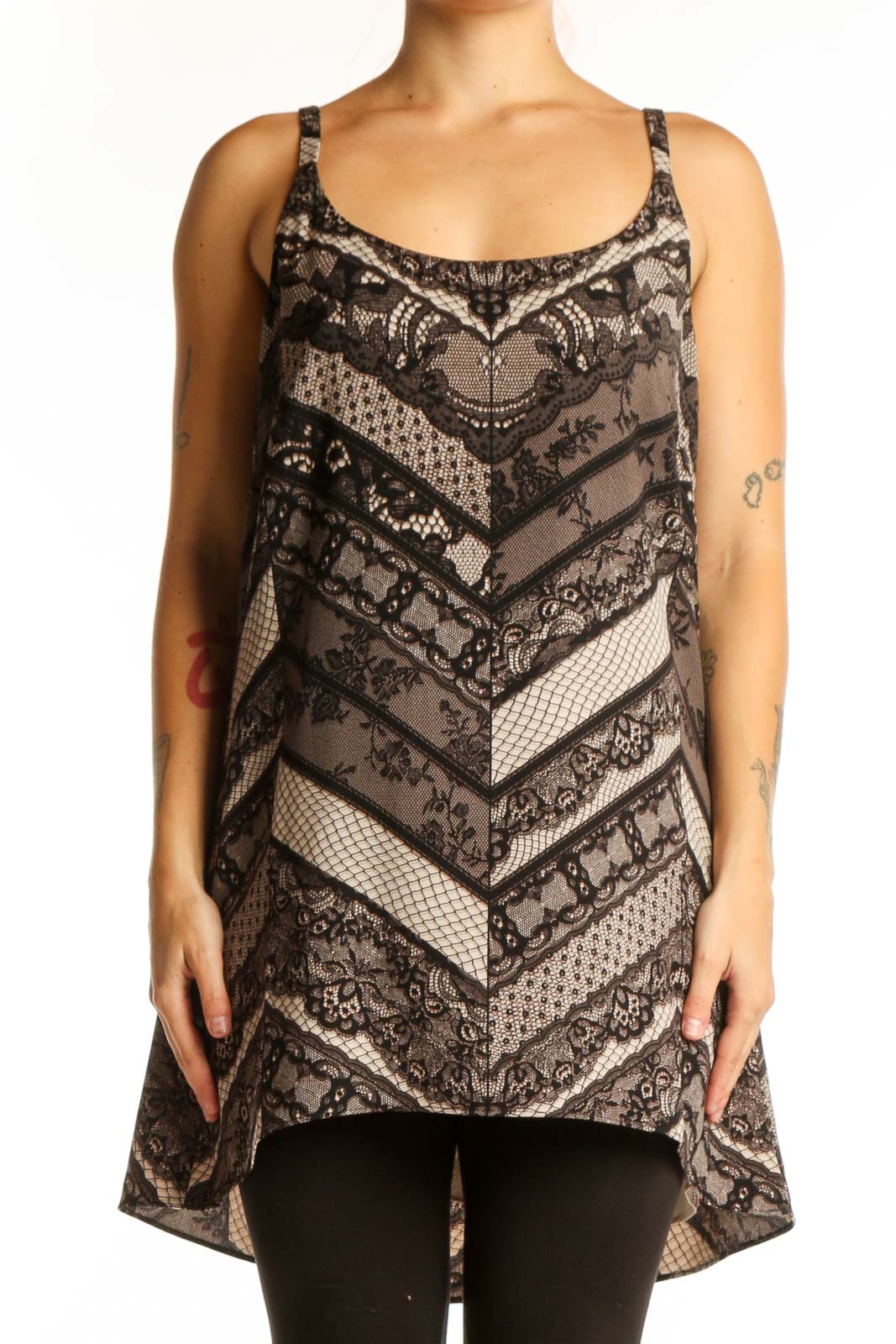Black lace chevron tank top with sheer mesh panels and scoop neckline, front view