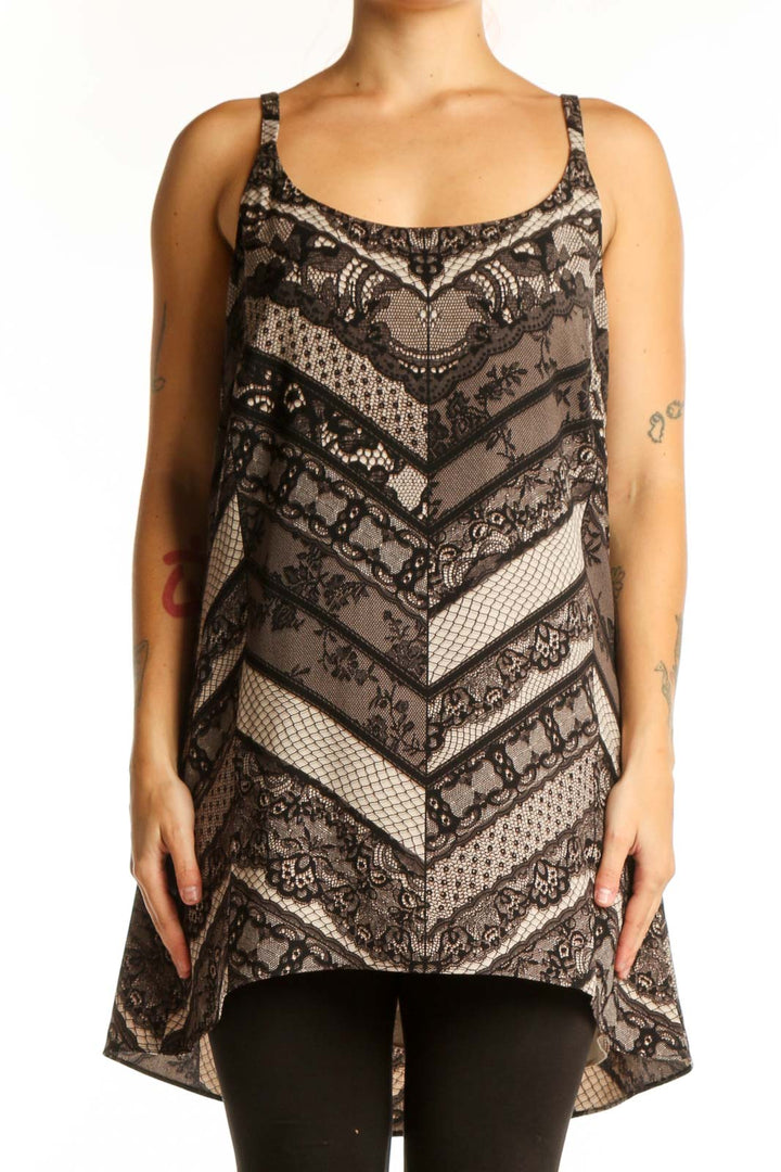 Black lace chevron tank top with sheer mesh panels and scoop neckline, front view