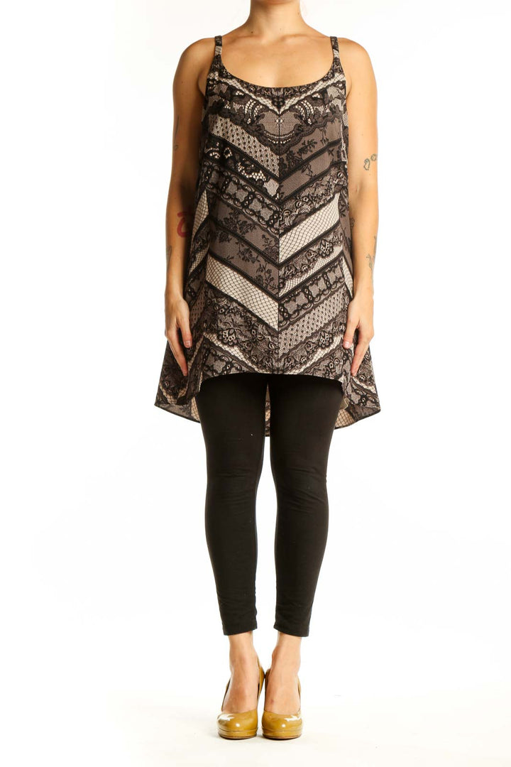 Black lace chevron tank top with sheer mesh panels and scoop neckline, front view
