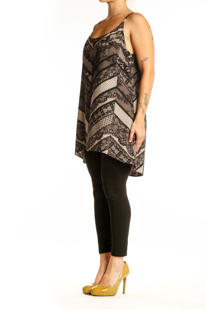 Black lace chevron tank top with sheer mesh panels and scoop neckline, front view