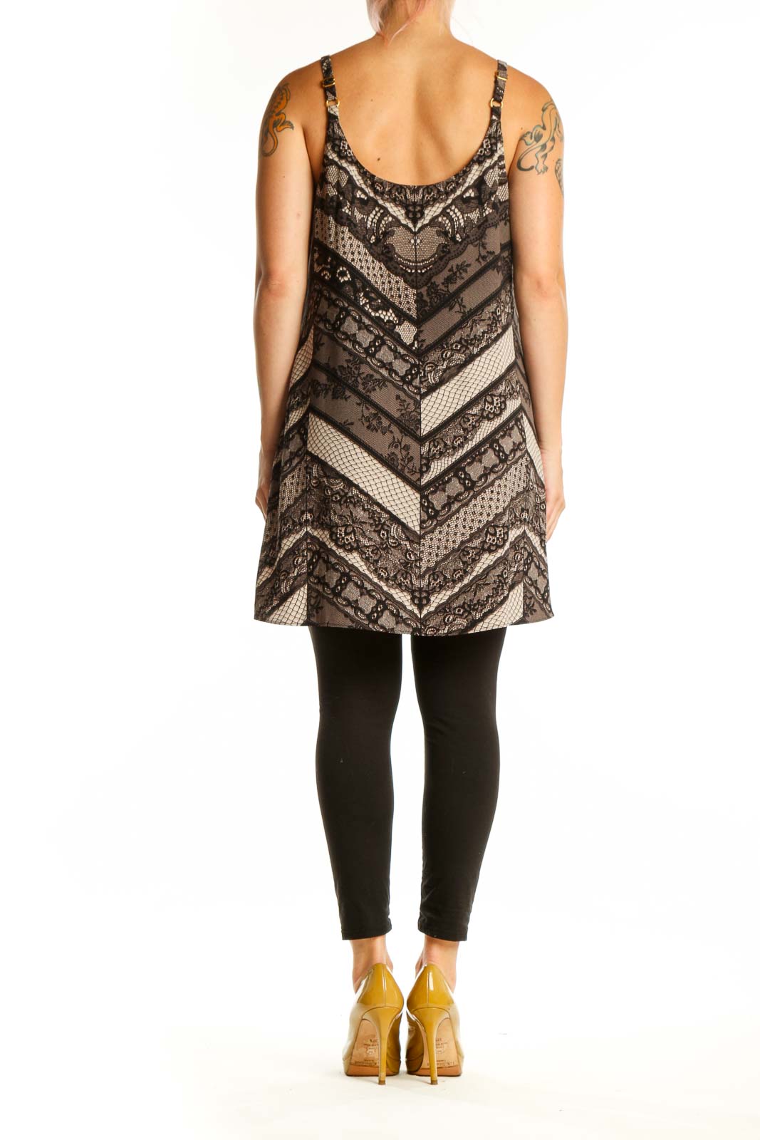 Black lace chevron tank top with asymmetrical hemline, back view