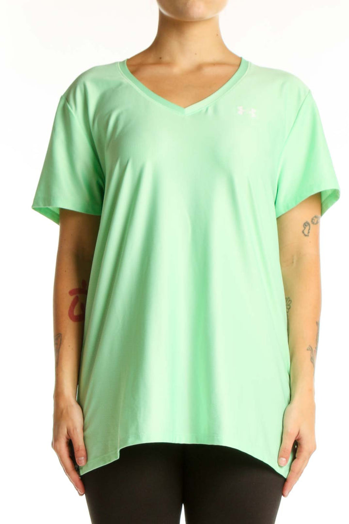 Mint green Under Armour v-neck activewear t-shirt front view on model, size XL