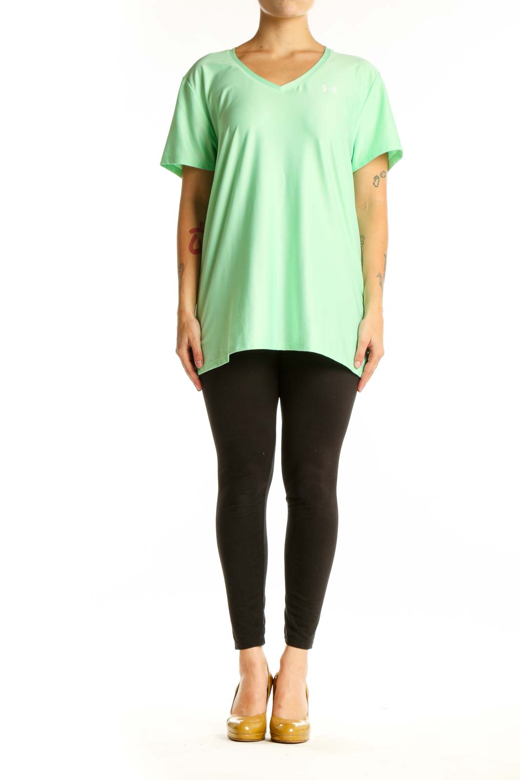 Mint green Under Armour v-neck activewear t-shirt front view on model, size XL