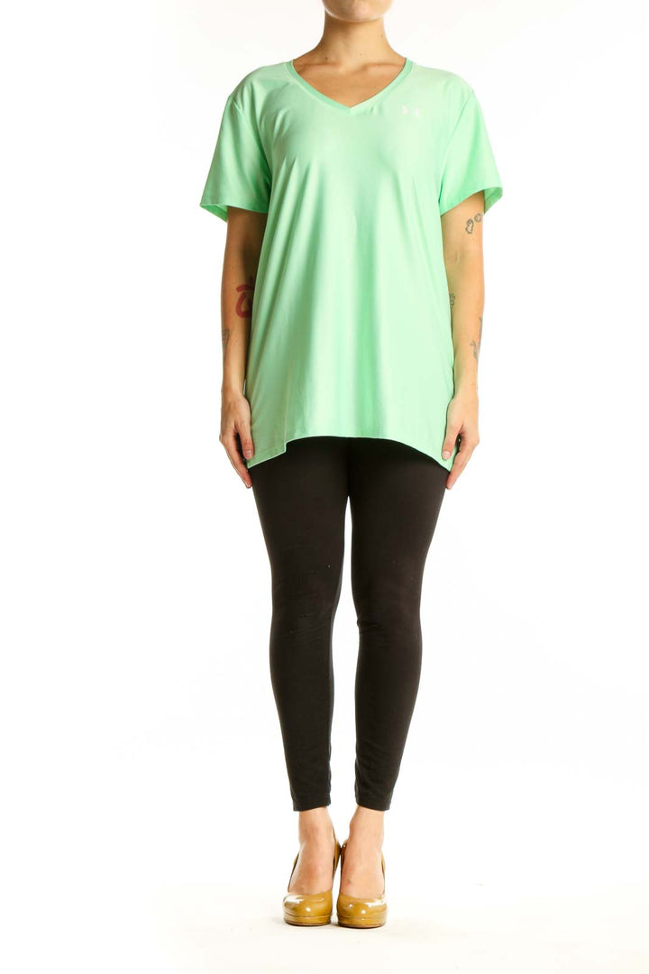 Mint green Under Armour v-neck activewear t-shirt front view on model, size XL