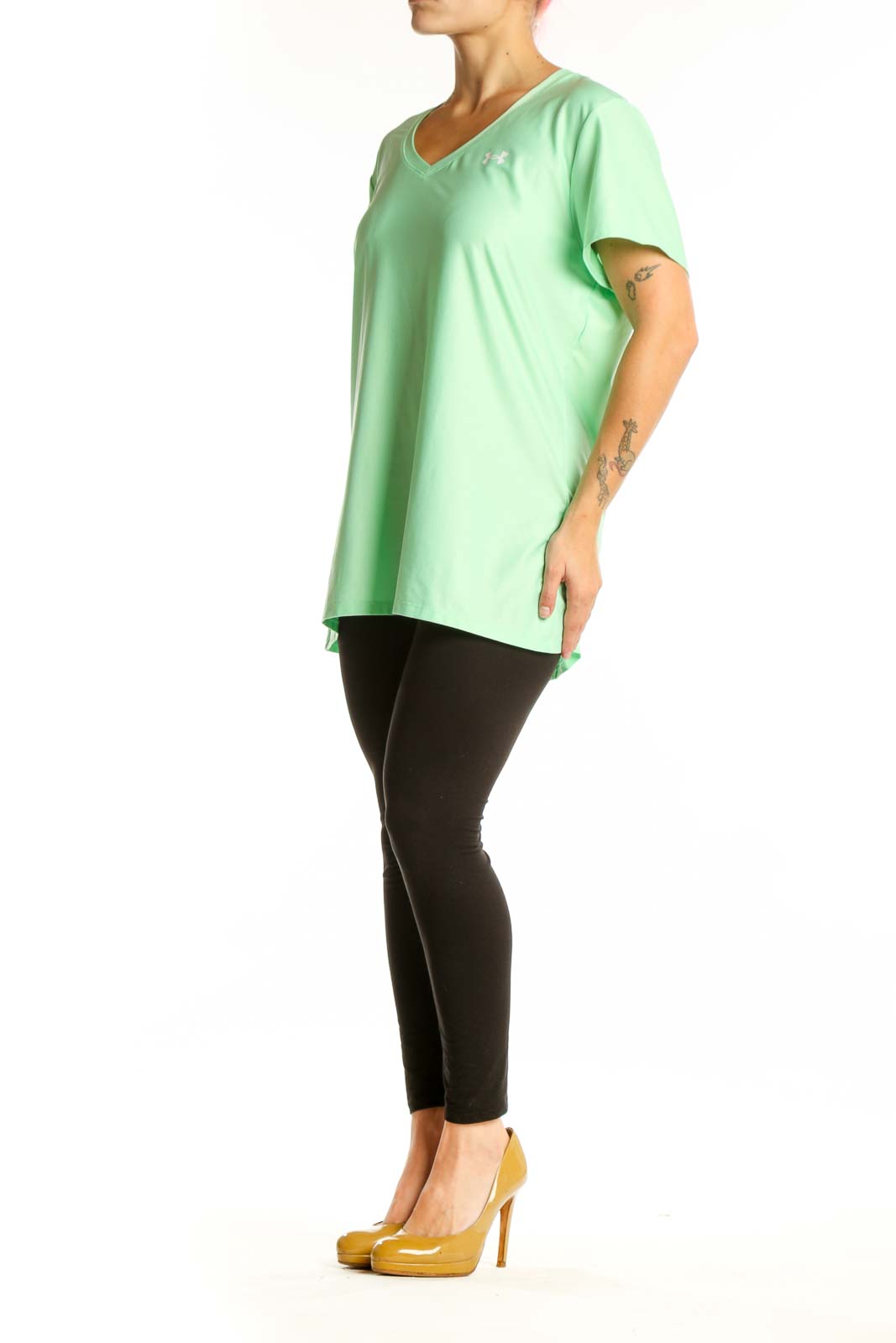 Mint green Under Armour v-neck activewear t-shirt front view on model, size XL