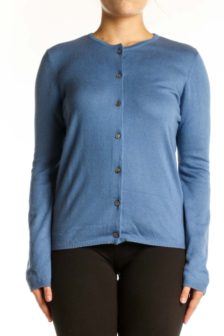 Blue cashmere silk cardigan with button-front closure and crew neckline, front view