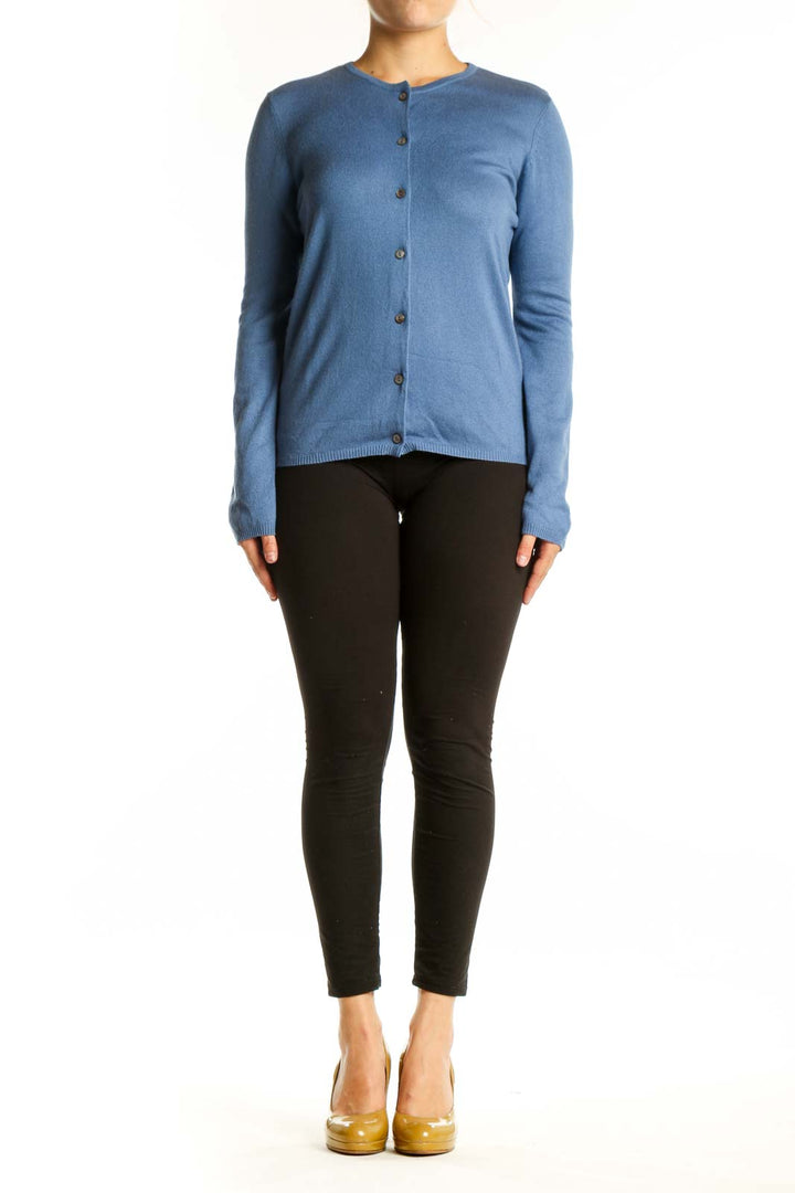 Blue cashmere silk cardigan with button-front closure and crew neckline, front view