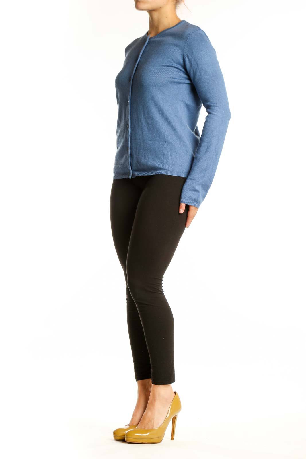 Blue cashmere silk cardigan with button-front closure and crew neckline, front view