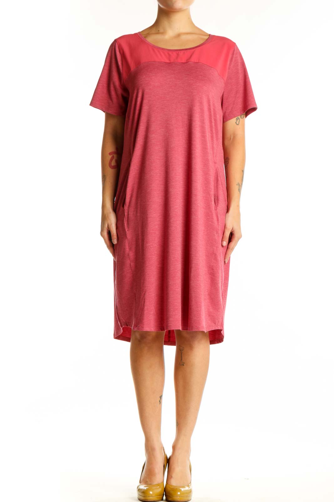 Red casual midi dress with crew neckline and short sleeves, front view on model