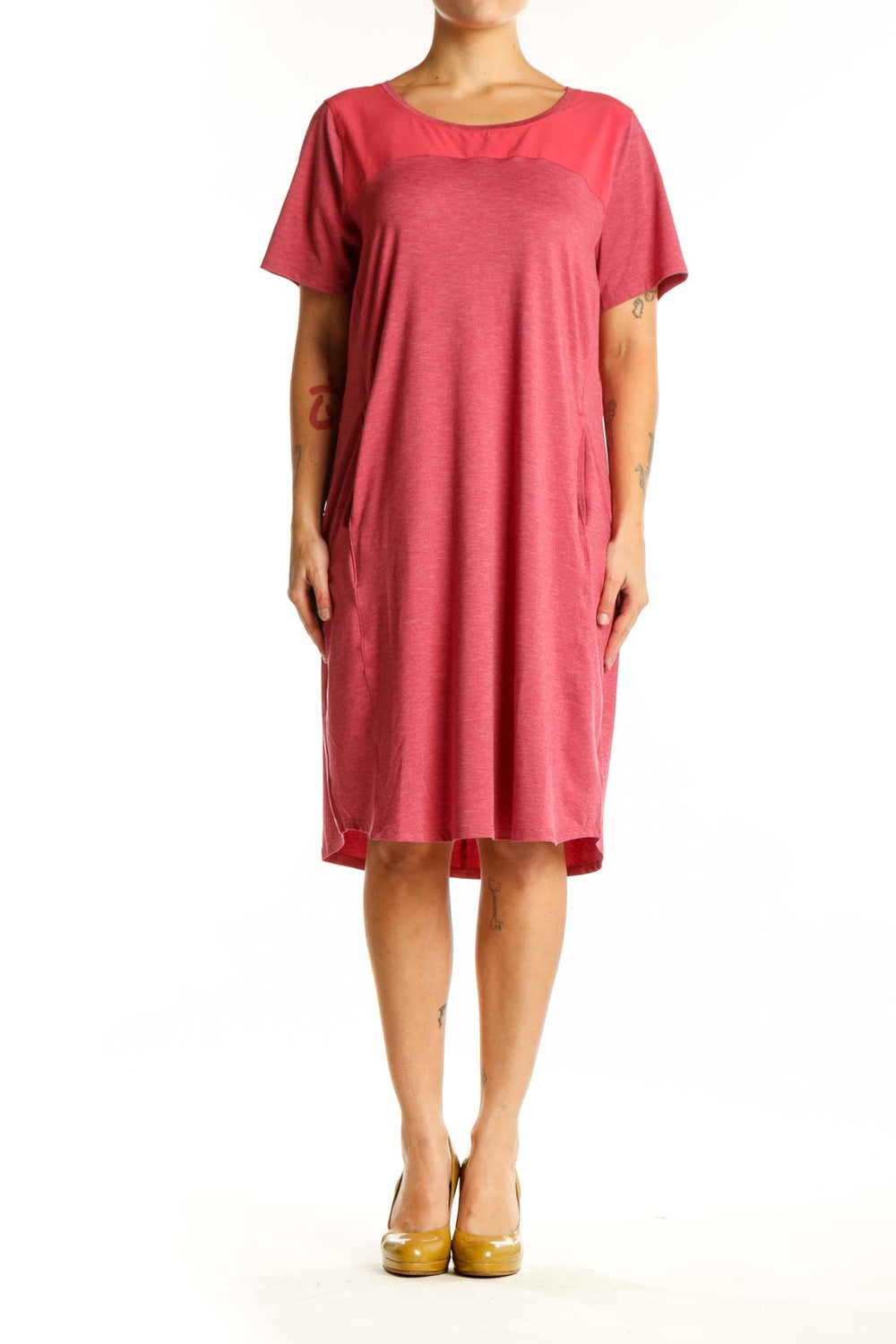 Red casual midi dress with crew neckline and short sleeves, front view on model