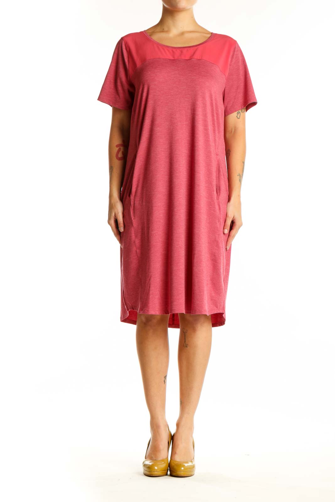 Red casual midi dress with crew neckline and short sleeves, front view on model
