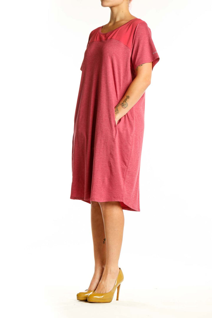 Red casual midi dress with crew neckline and short sleeves, front view on model