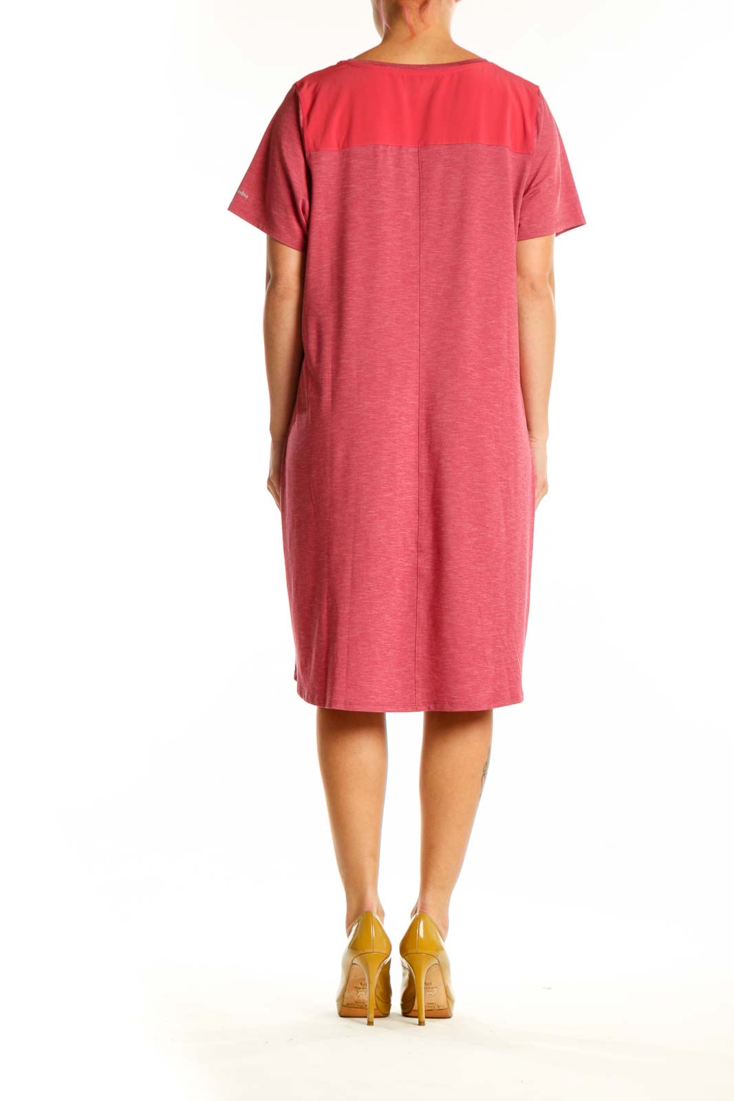 Red casual midi dress with A-line silhouette and side pockets, back view on model