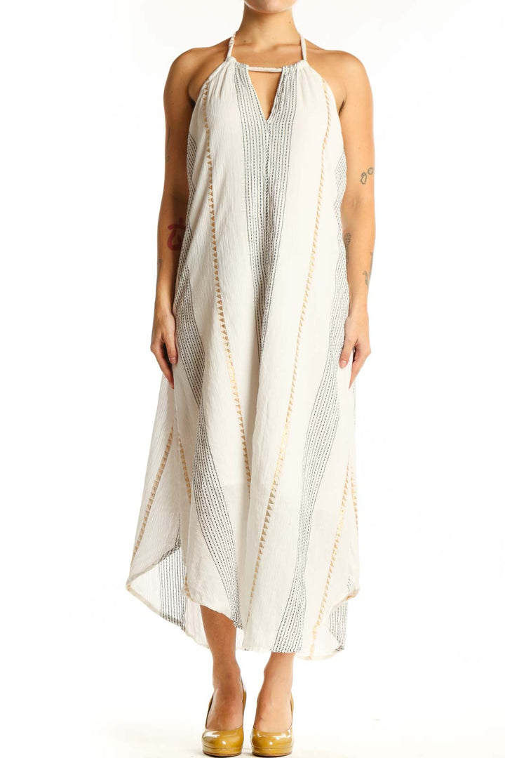 Cream striped halter midi dress with keyhole cutout detail, front view