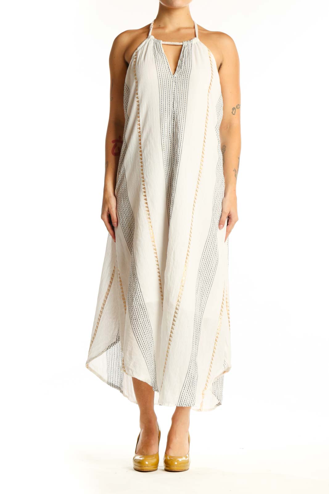 Cream striped halter midi dress with keyhole cutout detail, front view