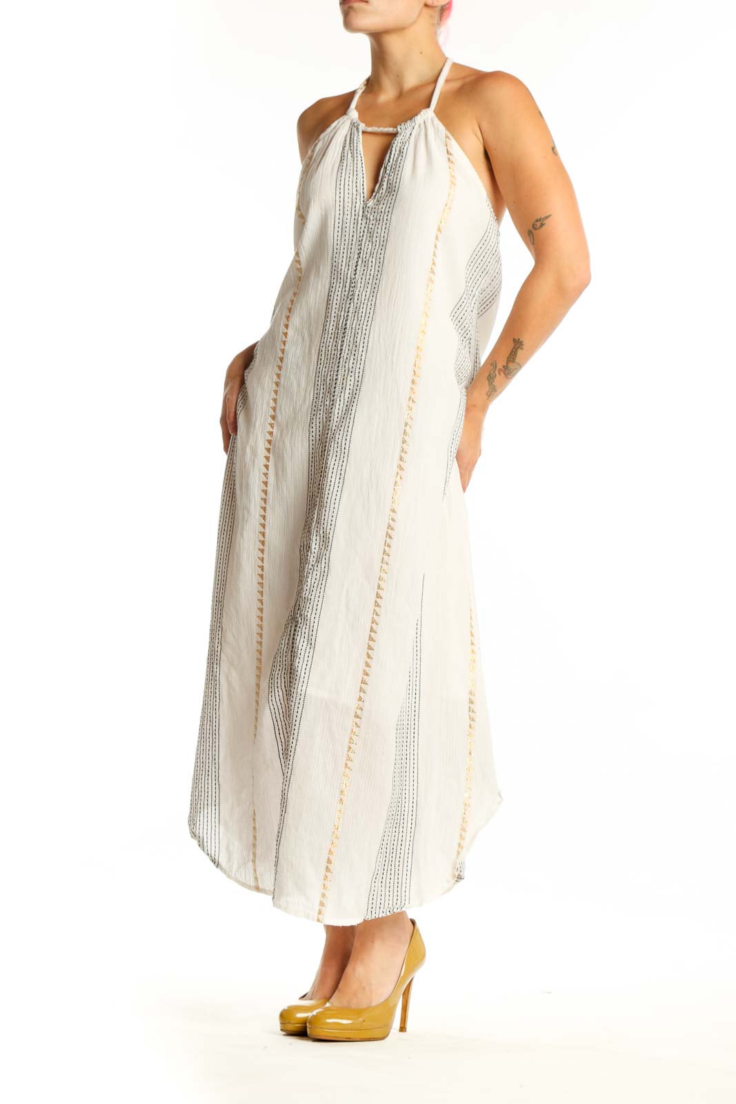 Cream striped halter midi dress with keyhole cutout detail, front view