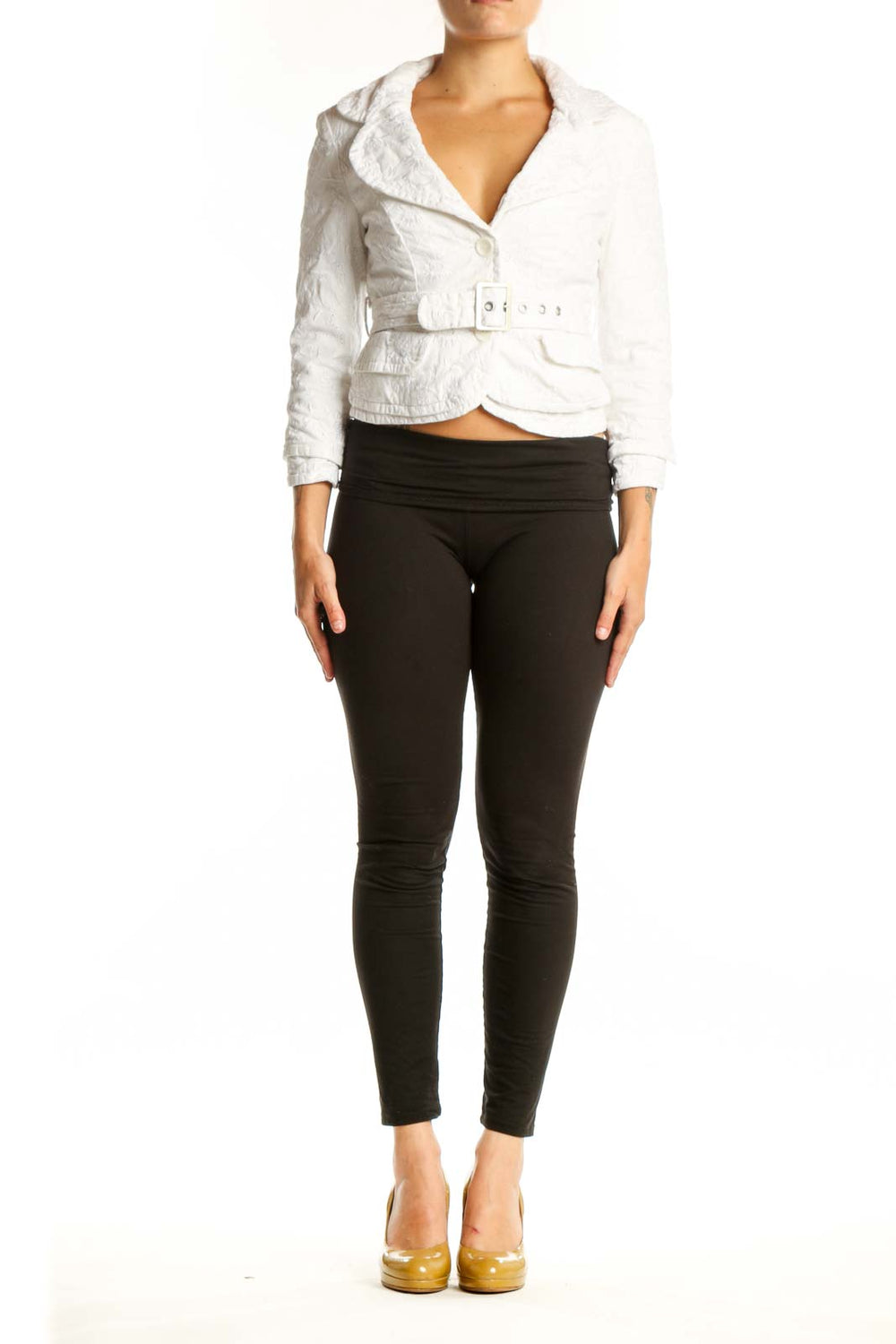 White cotton cropped blazer with belted waist and notch lapel collar, front view