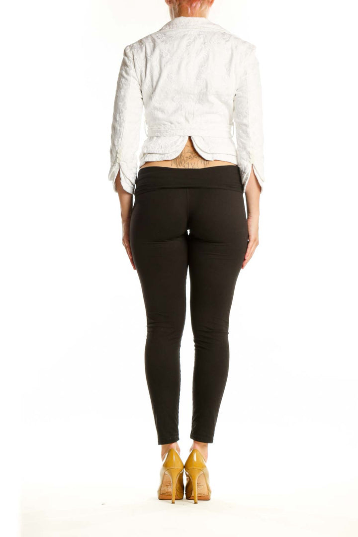 White cotton cropped blazer with belted waist detail, back view