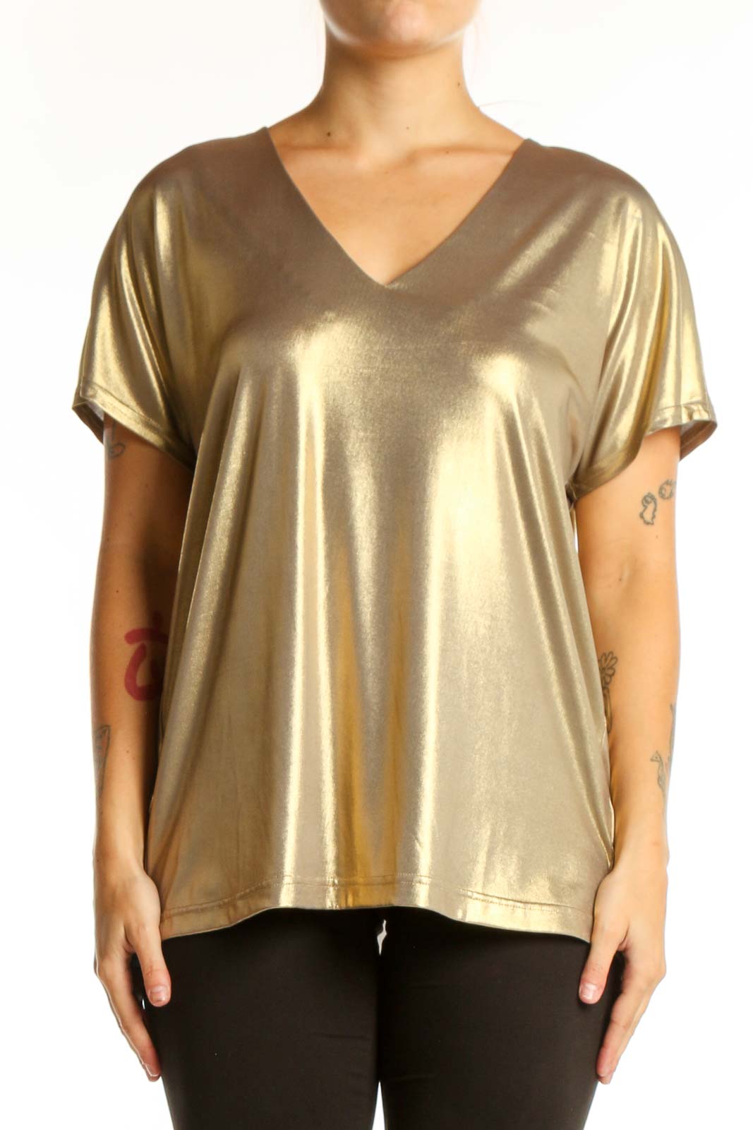 Gold metallic v-neck short sleeve top with stretch fabric, front view on model