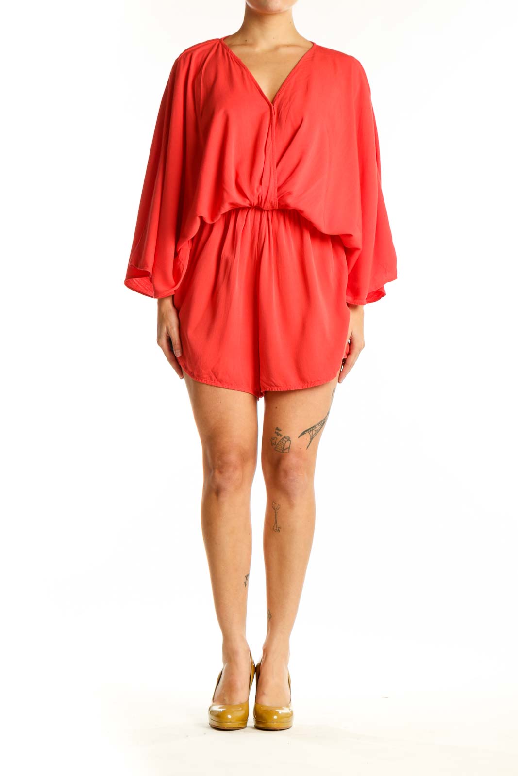 Red rayon bubble hem romper with V-neckline and voluminous sleeves, front view