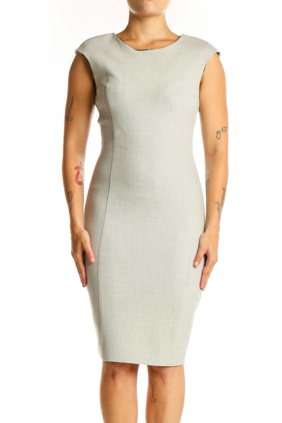 Cream sleeveless bodycon midi dress front view, Zara Basic XS