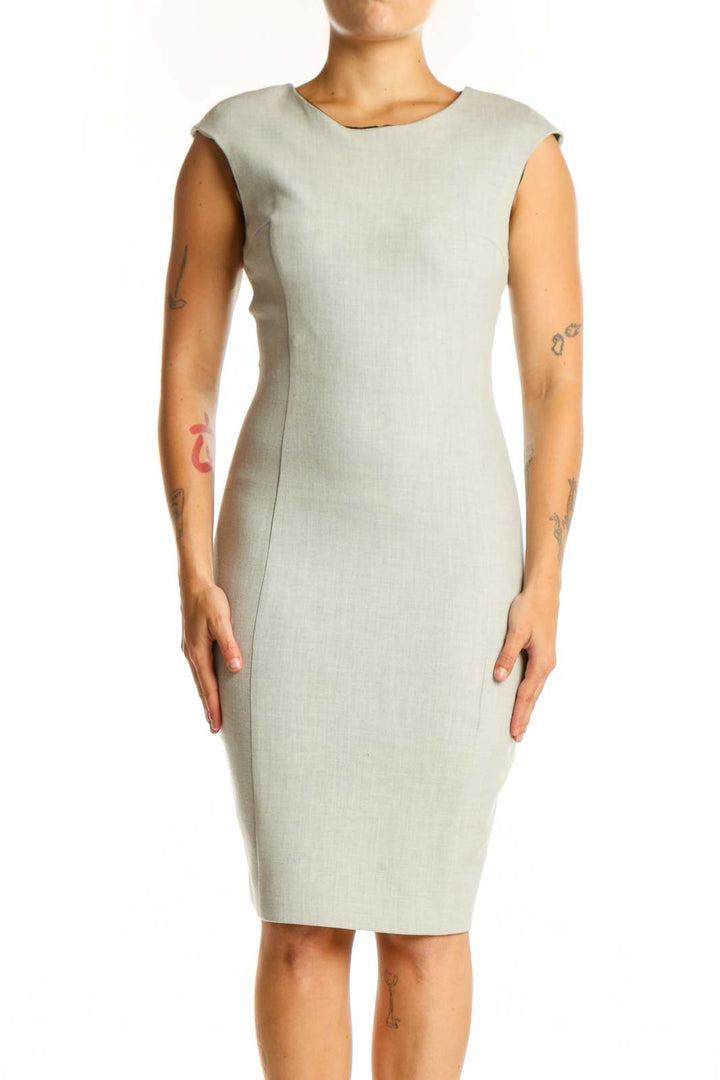 Cream sleeveless bodycon midi dress front view, Zara Basic XS