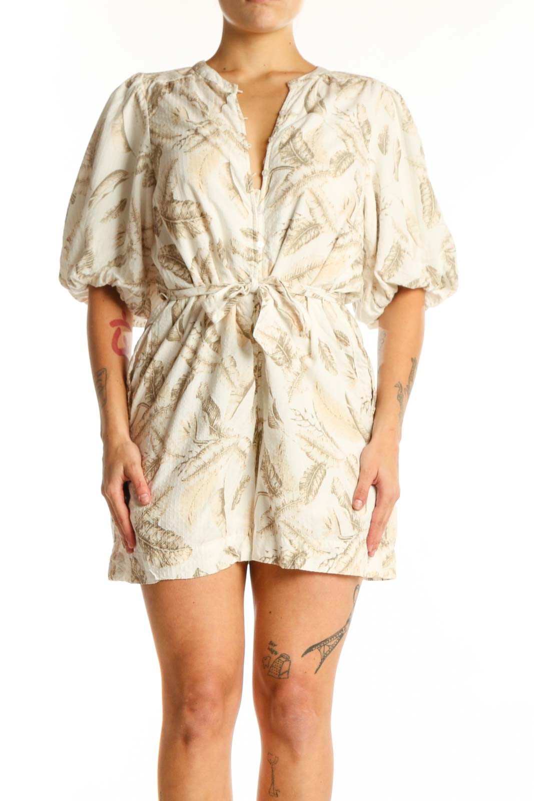 Cream floral print puff sleeve romper with wrap-front tie waist, front view