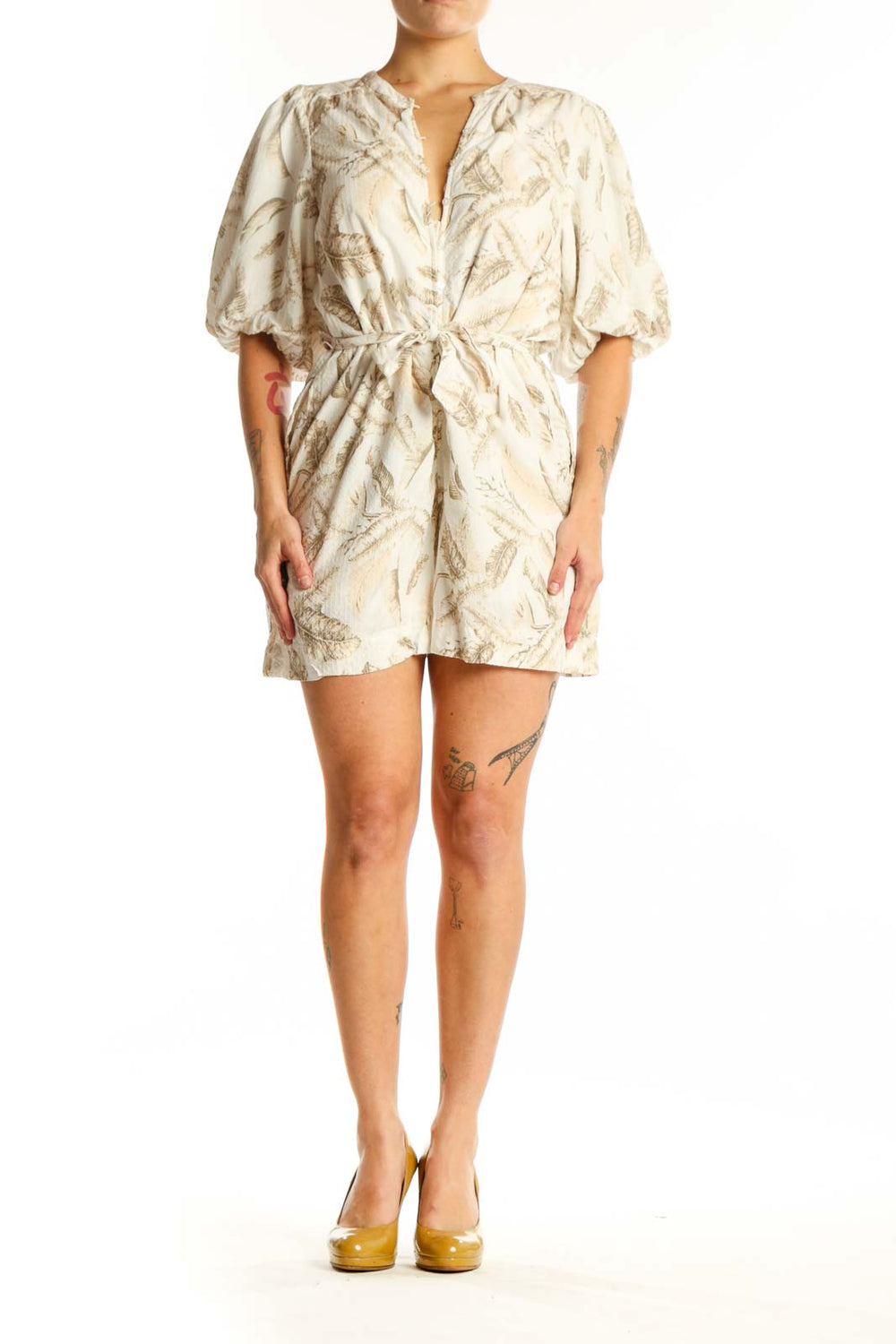 Cream floral print puff sleeve romper with wrap-front tie waist, front view